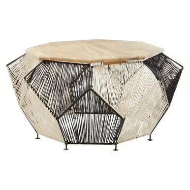 Natural Mango Wood Top Hexagon Coffee Table with Two Tone Black and Silver Geometric Woven Base, Fusion