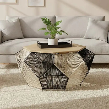 Natural Mango Wood Top Hexagon Coffee Table with Two Tone Black and Silver Geometric Woven Base, Fusion