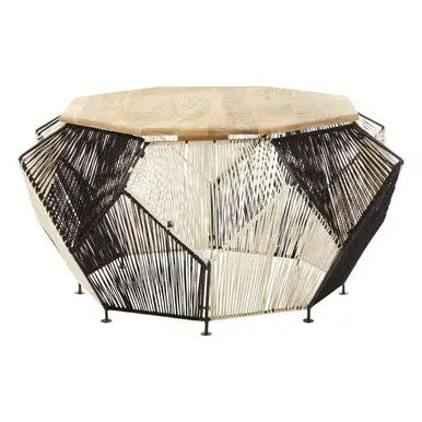 Natural Mango Wood Top Hexagon Coffee Table with Two Tone Black and Silver Geometric Woven Base, Fusion