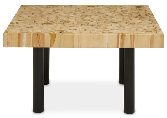 Natural Mosaic Teak Wood Coffee Table with Black Iron Base, Malang
