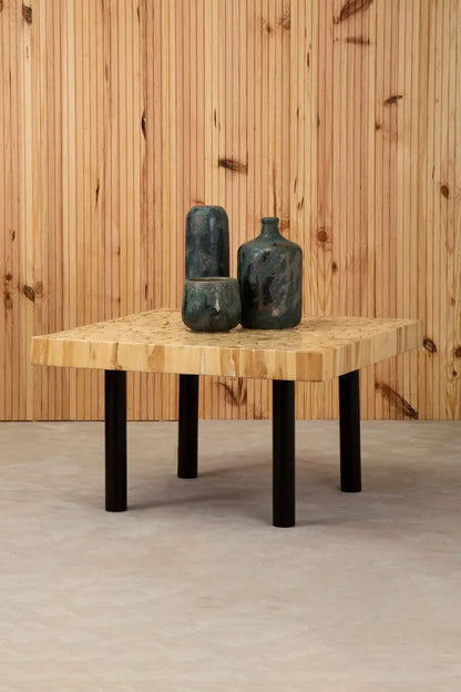 Natural Mosaic Teak Wood Coffee Table with Black Iron Base, Malang