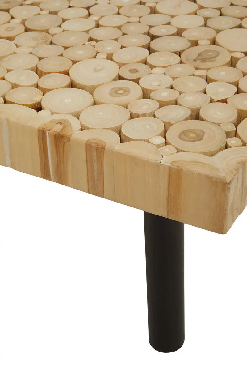 Natural Mosaic Teak Wood Coffee Table with Black Iron Base, Malang