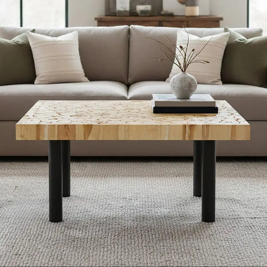 Natural Mosaic Teak Wood Coffee Table with Black Iron Base, Malang
