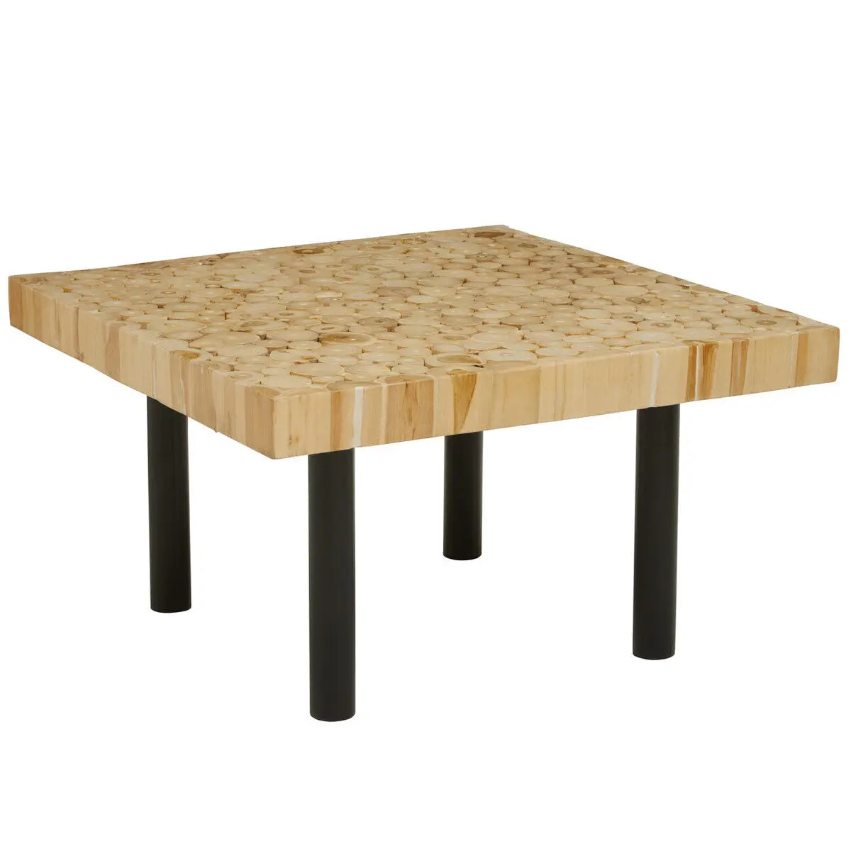 Natural Mosaic Teak Wood Coffee Table with Black Iron Base, Malang