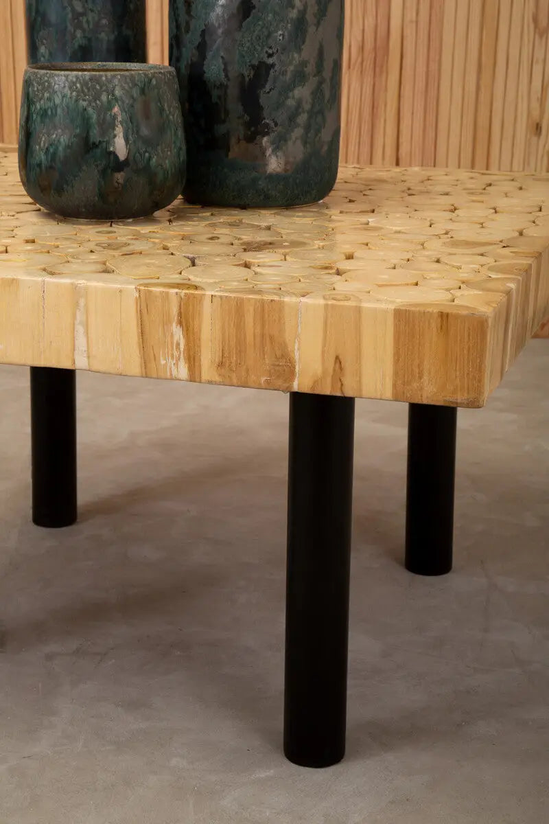 Natural Mosaic Teak Wood Coffee Table with Black Iron Base, Malang