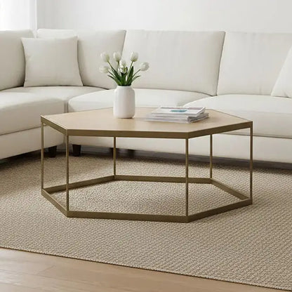 Natural Oak Hexagonal Veneer Coffee Table with Brown Brushed Brass Steel Frame, Grenoble