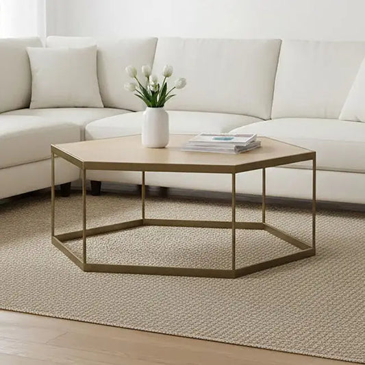 Natural Oak Hexagonal Veneer Coffee Table with Brown Brushed Brass Steel Frame, Grenoble