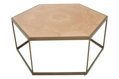 Natural Oak Hexagonal Veneer Coffee Table with Brown Brushed Brass Steel Frame, Grenoble