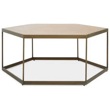 Natural Oak Hexagonal Veneer Coffee Table with Brown Brushed Brass Steel Frame, Grenoble