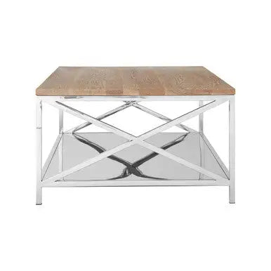 Natural Oak Wood Coffee Table with Silver Mirrored Lower Shelf, Chiswick