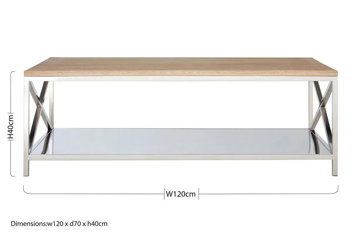 Natural Oak Wood Coffee Table with Silver Mirrored Lower Shelf, Chiswick