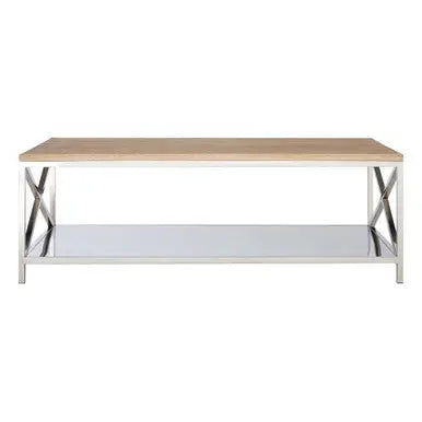 Natural Oak Wood Coffee Table with Silver Mirrored Lower Shelf | Chiswick