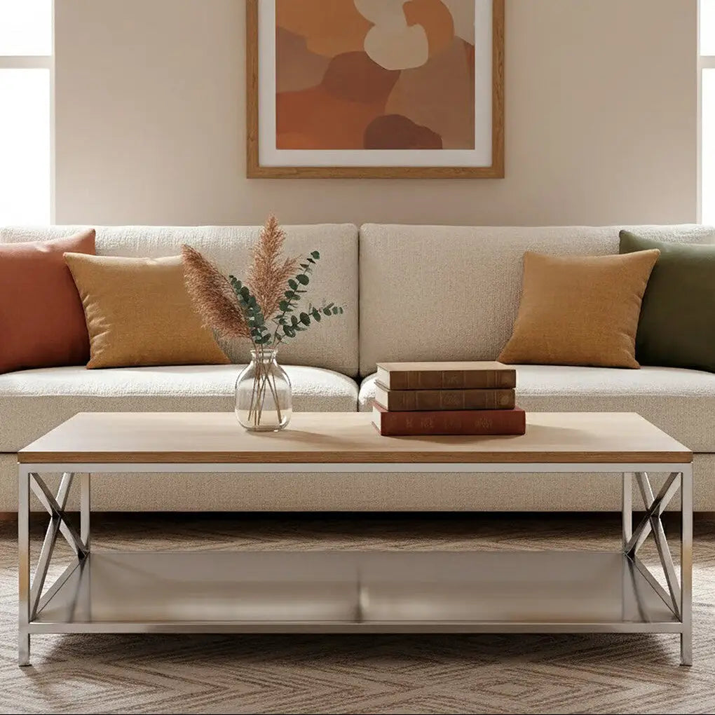Natural Oak Wood Coffee Table with Silver Mirrored Lower Shelf, Chiswick