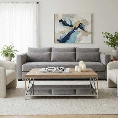 Natural Oak Wood Coffee Table with Silver Mirrored Lower Shelf, Chiswick