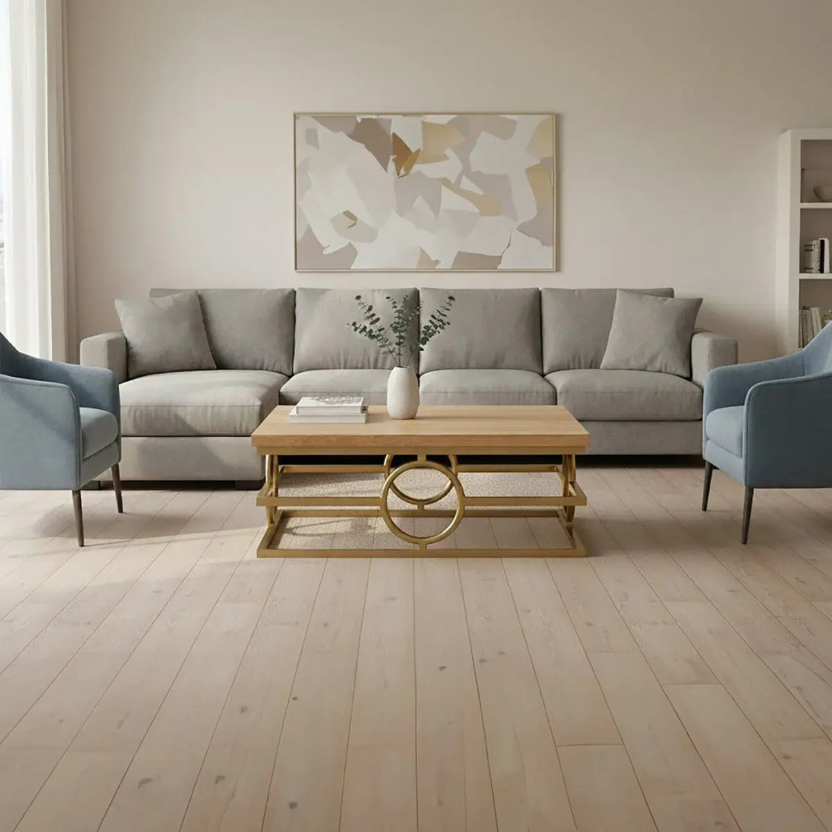 Natural Oak Wood Rectangular Coffee Table with Gold Finish, Jarloi