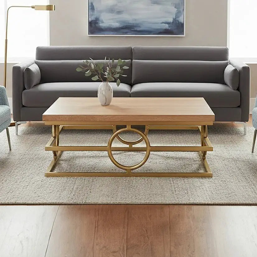 Natural Oak Wood Rectangular Coffee Table with Gold Finish, Jarloi