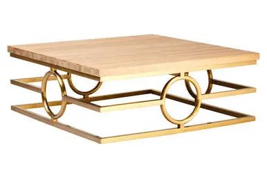 Natural Oak Wood Rectangular Coffee Table with Gold Finish, Jarloi