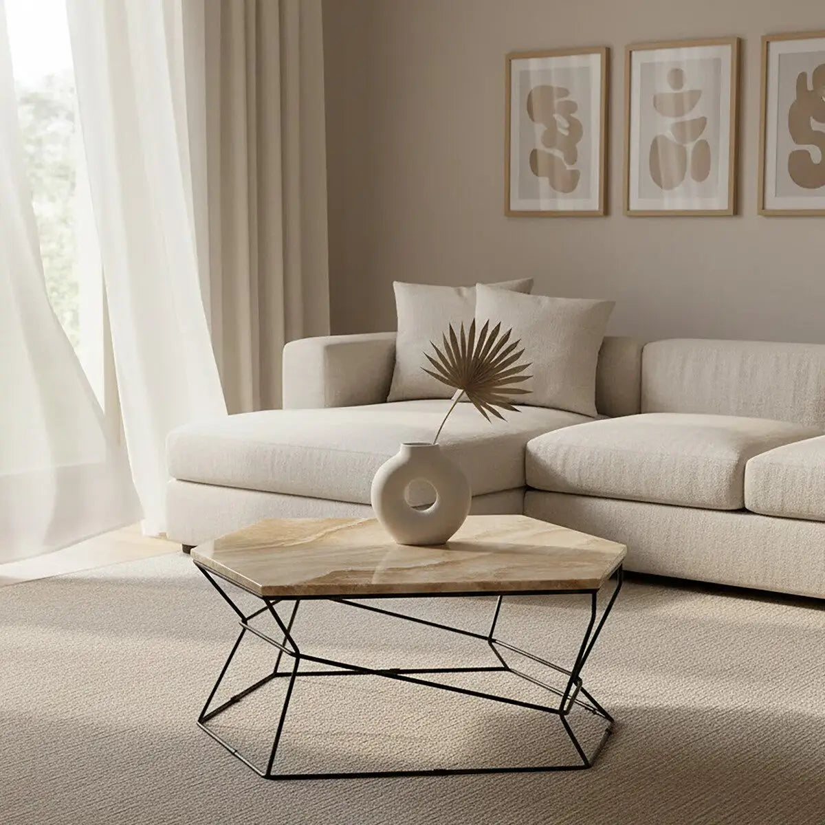 Natural Onyx Stone Top Coffee Table with Black Wireframe Base, Relic