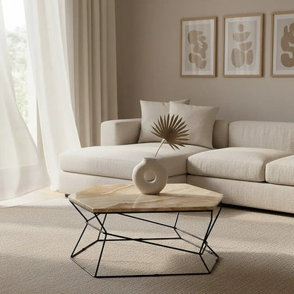 Natural Onyx Stone Top Coffee Table with Black Wireframe Base, Relic