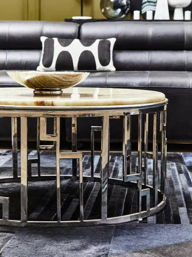 Natural Onyx Stone Top Coffee Table with Silver Stainless Steel Frame, Relic
