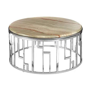 Natural Onyx Stone Top Coffee Table with Silver Stainless Steel Frame, Relic