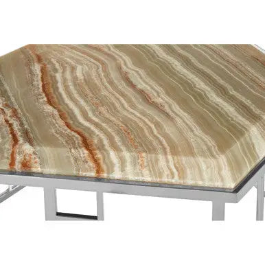 Natural Onyx Stone Top Hexagonal Coffee Table with Wavy Banding and Silver Stainless Steel Frame, Relic