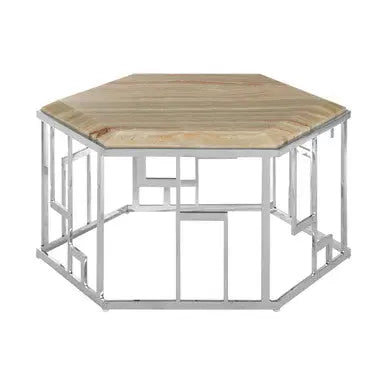 Natural Onyx Stone Top Hexagonal Coffee Table with Wavy Banding and Silver Stainless Steel Frame, Relic