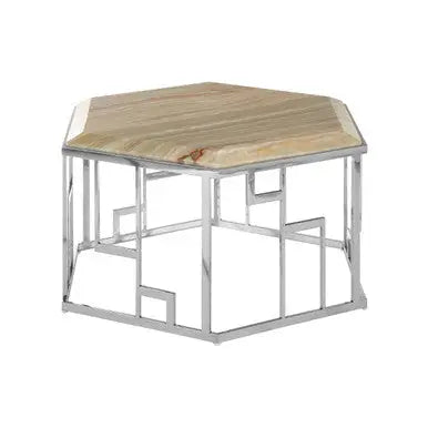 Natural Onyx Stone Top Hexagonal Coffee Table with Wavy Banding and Silver Stainless Steel Frame, Relic