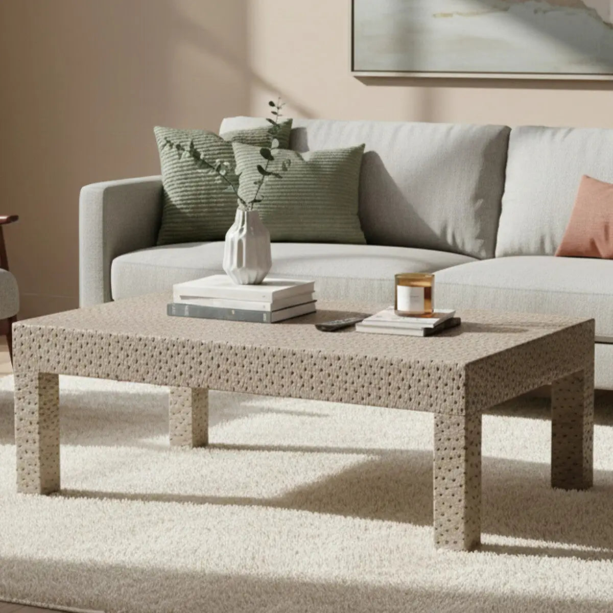 Natural Ostrich Leather Effect Wooden Rectangular Coffee Table with Sturdy Legs, Ostrich
