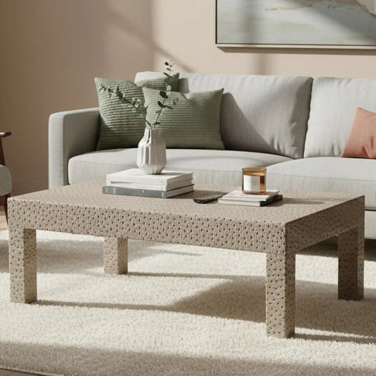 Natural Ostrich Leather Effect Wooden Rectangular Coffee Table with Sturdy Legs, Ostrich