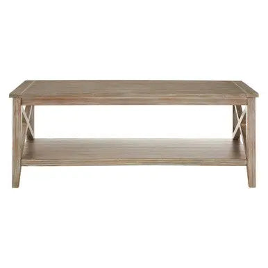 Natural Pine Wood Coffee Table with Open Lower Shelf and Cross Side Detail, Heritage