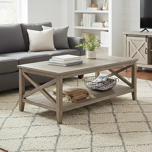Natural Pine Wood Coffee Table with Open Lower Shelf and Cross Side Detail, Heritage
