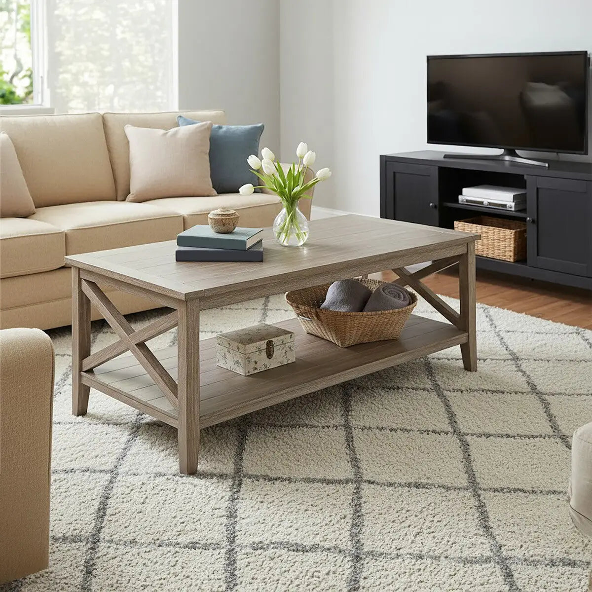 Natural Pine Wood Coffee Table with Open Lower Shelf and Cross Side Detail, Heritage