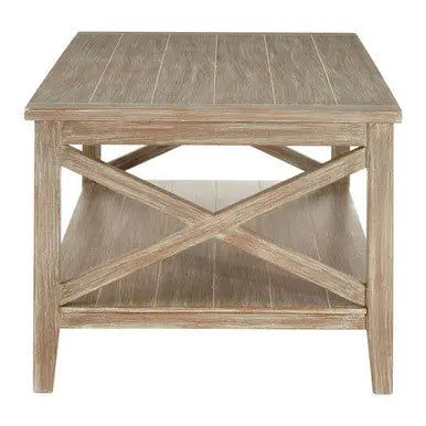 Natural Pine Wood Coffee Table with Open Lower Shelf and Cross Side Detail, Heritage