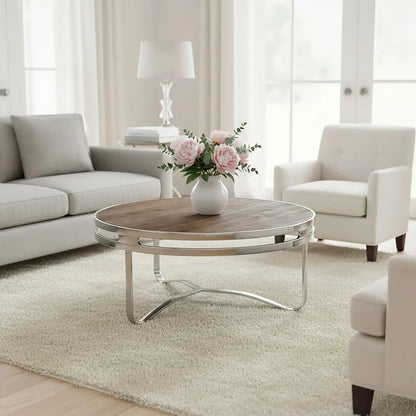 Natural Pine Wood Round Coffee Table with Metallic Silver Curved Leg Base, Richmond