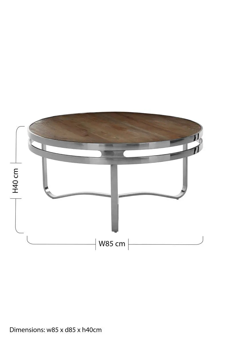 Natural Pine Wood Round Coffee Table with Metallic Silver Curved Leg Base, Richmond