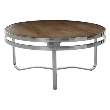 Natural Pine Wood Round Coffee Table with Metallic Silver Curved Leg Base, Richmond