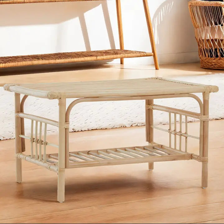 Natural Rattan Rectangular Coffee Table with Lower Storage Shelf, Mataram