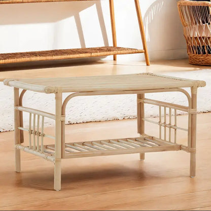 Natural Rattan Rectangular Coffee Table with Lower Storage Shelf, Mataram
