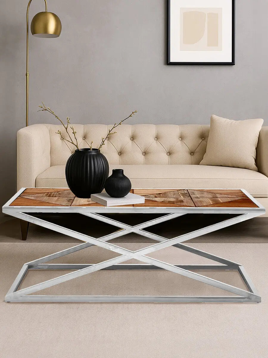 Natural Rectangular Coffee Table with Cross Frame Design, Hudson