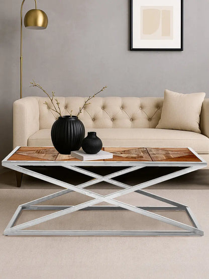 Natural Rectangular Coffee Table with Cross Frame Design, Hudson