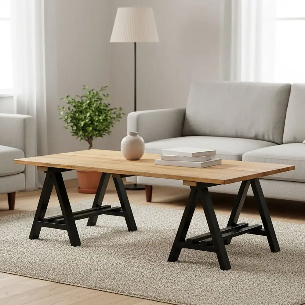Natural Rectangular Pine Wood Coffee Table with Black Metal A-Frame Legs, Hampstead