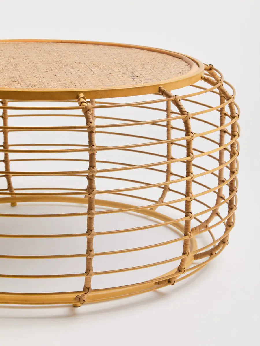 Natural Round Hand Woven Rattan Top Coffee Table with Gold Finish Cage Base, Trento
