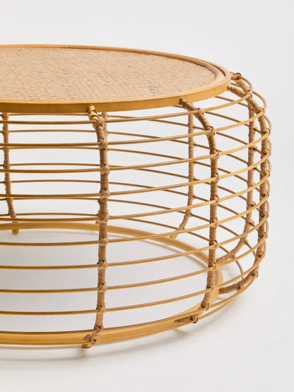 Natural Round Hand Woven Rattan Top Coffee Table with Gold Finish Cage Base, Trento