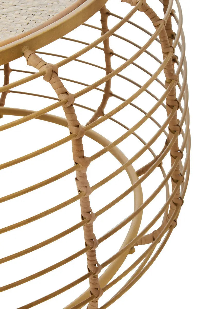 Natural Round Hand Woven Rattan Top Coffee Table with Gold Finish Cage Base, Trento