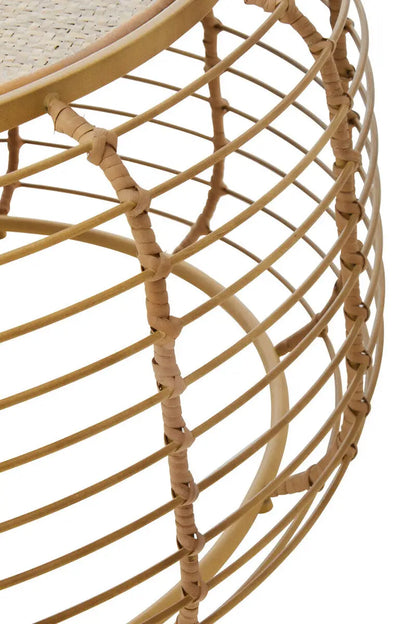 Natural Round Hand Woven Rattan Top Coffee Table with Gold Finish Cage Base, Trento