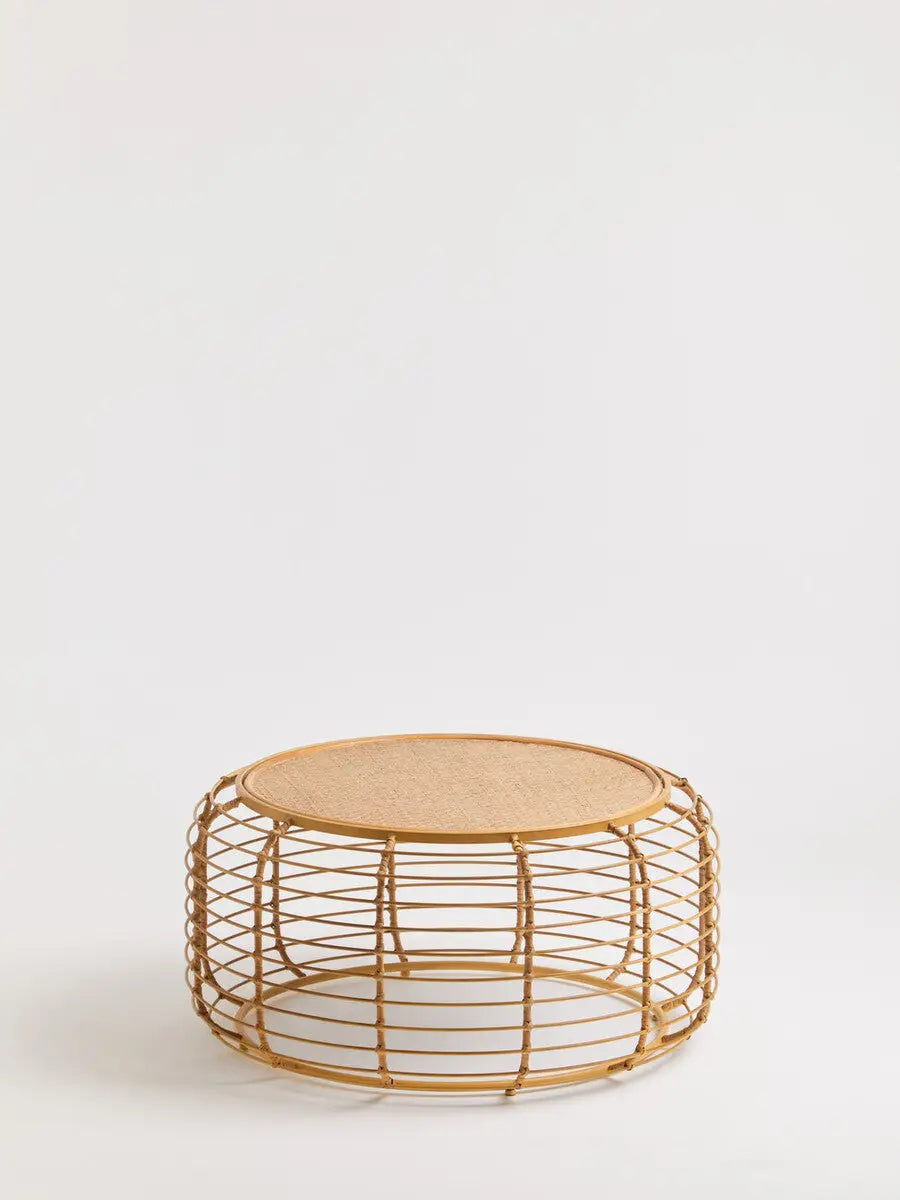 Natural Round Hand Woven Rattan Top Coffee Table with Gold Finish Cage Base, Trento