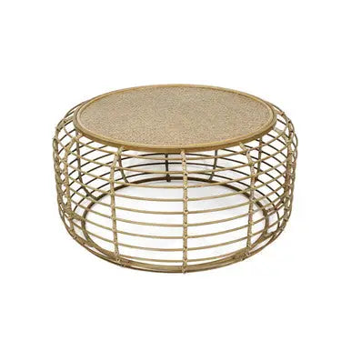 Natural Round Hand Woven Rattan Top Coffee Table with Gold Finish Cage Base, Trento
