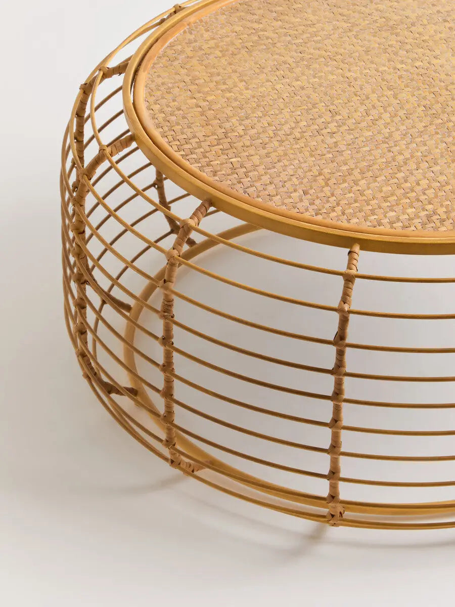 Natural Round Hand Woven Rattan Top Coffee Table with Gold Finish Cage Base, Trento