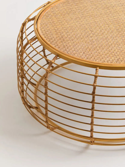 Natural Round Hand Woven Rattan Top Coffee Table with Gold Finish Cage Base, Trento